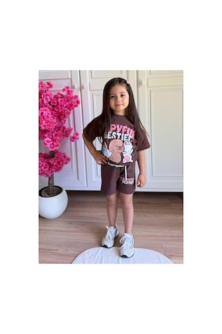 Bubiee Baby Yumuşak Pamuklu Kumaştan Kahverengi Baskılı T-shirt Ve Şort Takımı - Capyfun Besties Deseniyle Kahverenegi