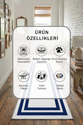 Çerçeve Beyaz Lacivert Yıkanabilir Yolluk