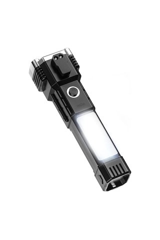House Pratik Hp71 Acil Durum El Feneri 4 Modlu Powerbank & Cam Kırma Çekici Type-c Şarjlı Siyah Siyah