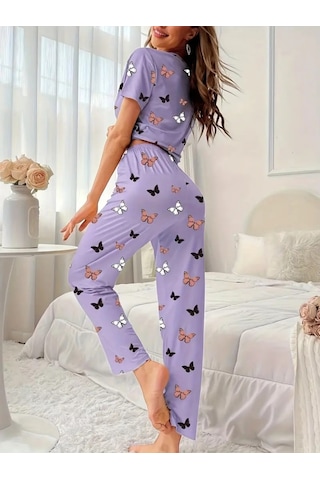 Supplierby Kadın Kısa Kollu Bisiklet Yaka Kelebek Baskılı Süprem Ikili Takım Mor