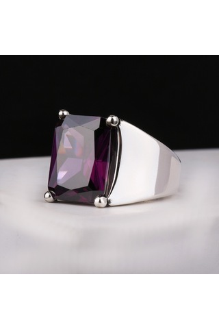 Fkgümüş 925 Ayar Gümüş Ametist Taşlı Sade Erkek Yüzük Silver