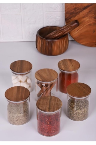 Akasya Kapaklı Borosilikat Cam Baharatlık Saklama Kavanozu 200 Ml 6'lı Ahşap - Şeffaf
