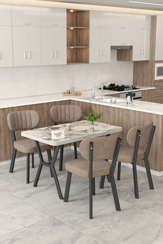 Gnr 70x110cm Sabit Efes Mutfak Masası Takımı, Yemek Masası, 4 Modern Cappucino Sandalye Cappuccino
