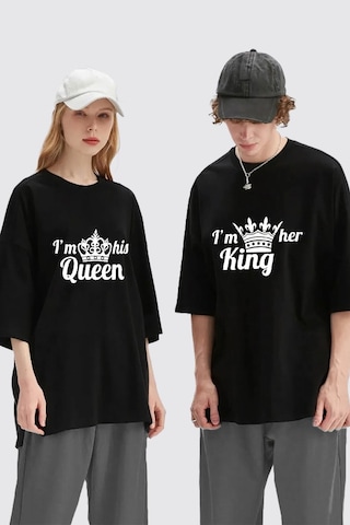 Unisex Kadın Erkek King Queen Baskılı Sevgili Çift Kombini Tasarım Oversize T-shirt 2'li Set Siyah Mck1956 Siyah