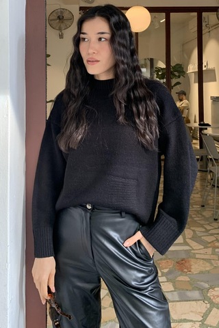 Madmext Siyah Bisiklet Yaka Oversize Triko Kazak Mg1972 Siyah