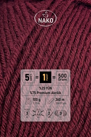 Süper İnci - 999 Bordo - 5'li Paket - 100gr/260m - El Örgü İpi - Atkı Yelek Kazak İpi