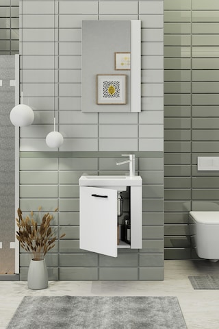 Biani Minila 45 cm Banyo Dolabı,Seramik Lavabolu, Aynalı,Lavabo Dahil,Mdf,Mat Beyaz