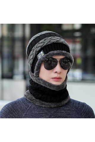 Kışlık Erkek Trend Örgü Şapka Ve Boyunluk Seti Siyah