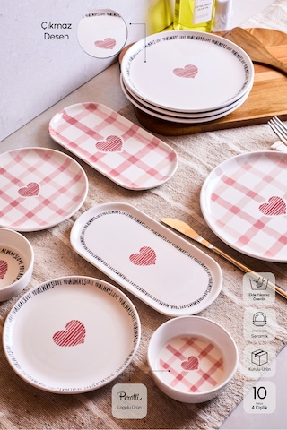 Hearts 10 Parça 4 Kişilik Kahvaltı Takımı Cokrenklı Pembe