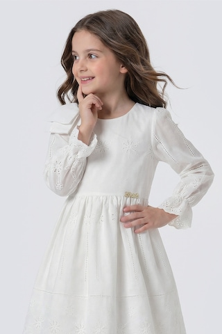 Pina Kids Kız Çocuk Omzu Fiyonk Detaylı Uzun Kollu Fisto Elbise Beyaz