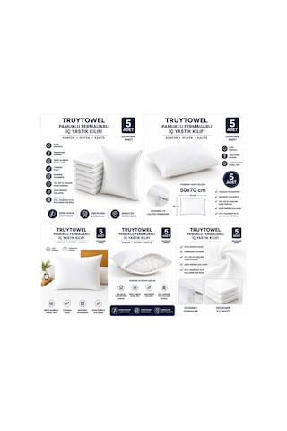 Turuytowel Pamuklu Fermuarlı İç Yastık Kılıfı Beyaz Renkli İç Astar 10'lu Yastık İç Kılıfı 50x 70 Şilte Beyaz 5 Li