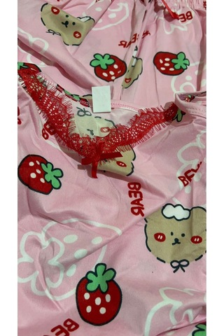 Gk Luxury & Fashıon Boyraz Pembe Askılı Alt Uzun Pijama Takımı Çilekli Ve Ayıcıklı -milan Takım 20392