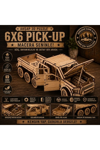 6x6 Pick-up Ahşap Maket Seti Dıy 3d Puzzle Açılabilir Kapılı Arazi Aracı Koleksiyoner Modeli 531 Parça