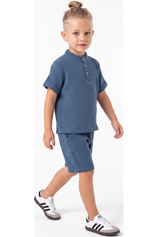 Mnk Baby & Kids Pamuklu Müslin Kumaş Yazlık Şortlu Kısa Kol Rahat Takım M00820 Indigo