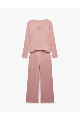 Koton Köpek Nakışlı Bisiklet Yaka Uzun Kollu Pijama Takımı Pembe 7wlk40215mk Gül