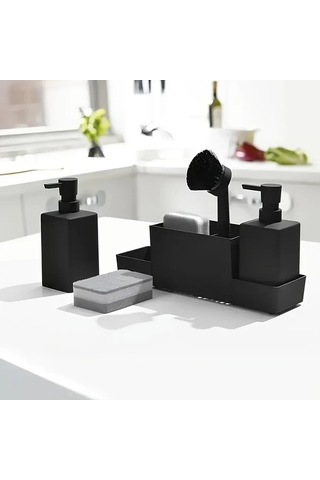 Motion003 6 Adet Mat Siyah Çift Sabunluklu Sünger Tutucu Ve Bulaşık Fırçası Bej Rengi Alt Depolama Drenajlı Mutfak Lavabosu Veya Banyo İçin Modern Minimalist Tasarım Bej Rengi Bej