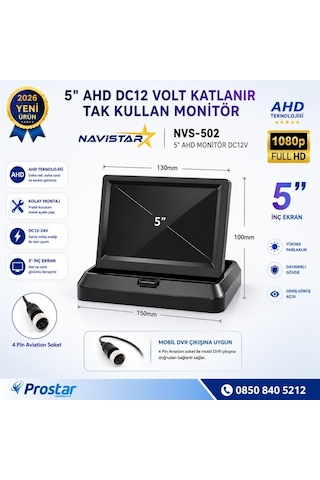 5 İnç Ahd Katlanabilir Araç Monitörü - 1080p, Mobil Dvr Uyumlu 4-pin, Dc12-24v