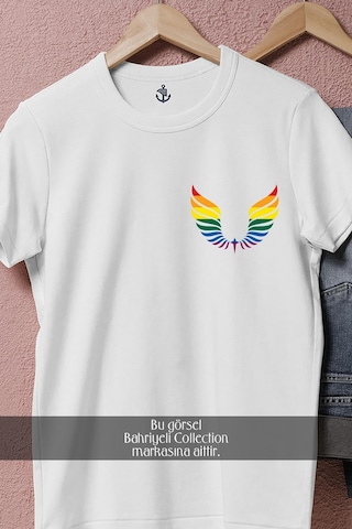 Oversize Wings Lgbt Colors Cep Tasarımlı Unisex T-shirt Beyaz