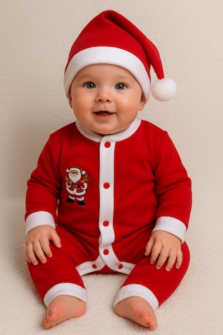 Kız Erkek Bebek Yılbaşı Noel Temalı Tulum Şapka Takımı Kırmızı - Beyaz