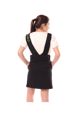 Toontoy Kız Çocuk Bisiklet Yaka Basic T-shirt Ve Askılı Cepli Nakış Baskılı Salopet Elbise - 2'li Takım Siyah