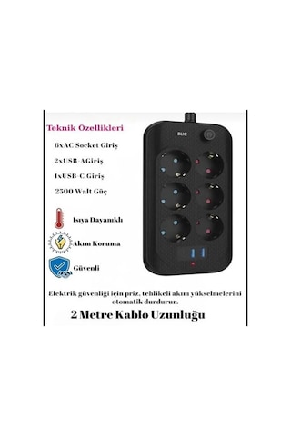 Blic Ftr-11 Termal Akım Korumalı 6 Priz 3 Usb Girişli 2 Metre Uzatma Kablolu Priz 0.2 M