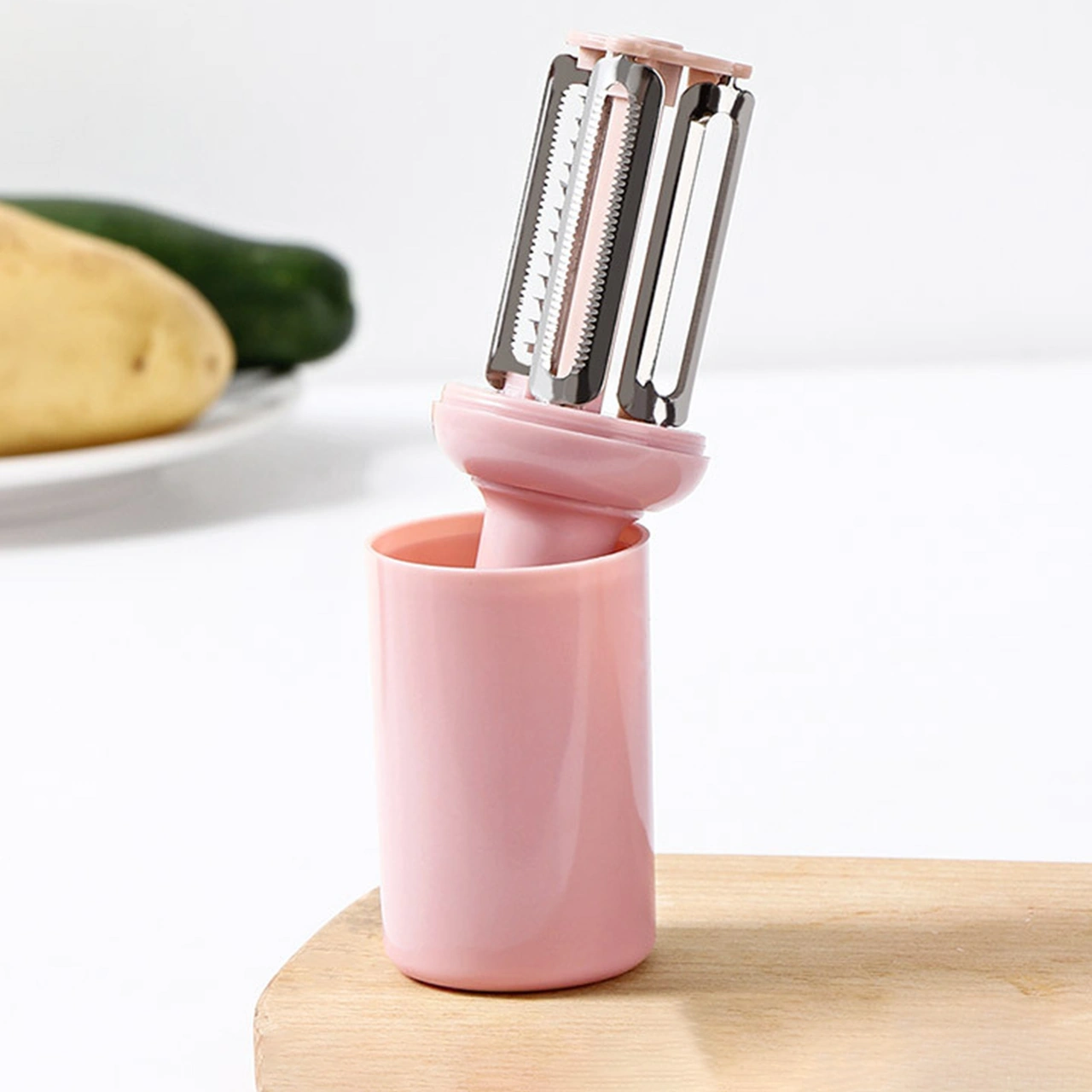 Moveevo Pembe 3'lü Evsel Meyve Sebze Soyucu: Soyma, Dilimleme, İncelleme + Zencefil Değiştirici, 4x14cm, Paslanmaz Çelik Bıçaklı, Abs Kollu, Kapaklı Mutfak Aleti Diğer