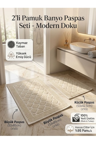İkili Banyo Paspası Pamuklu Kaymaz Taban Dikdörtgen Banyo Paspas Kilim Set Krem