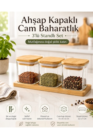 Bambu Kapaklı Cam Baharatlık 3'lü Set Çok Renkli
