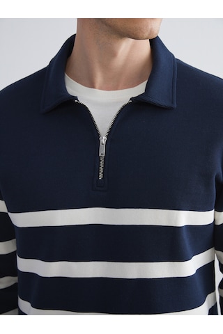 Lcw Vision Lacivert Polo Yaka Uzun Kollu Çizgili Erkek Sweatshirt