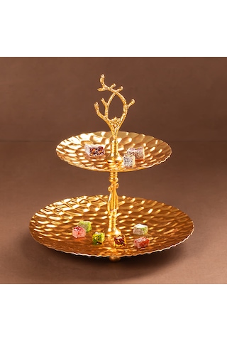 Porsima 2 Katlı Gold Metal Mini Sunumluk-mini İkramlık Lokumluk
