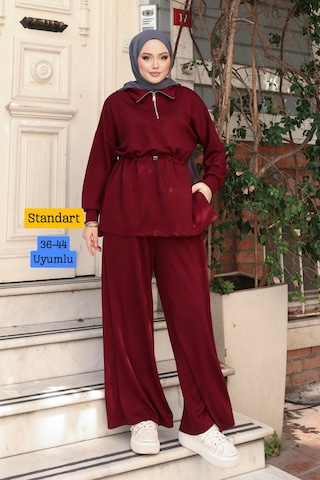 Balenbi Kadın Oversize Kesim Fermuarlı Yaka Bel Stoperli Modal Takım 1234 Bordo
