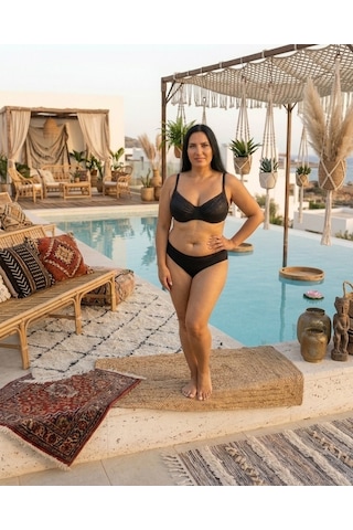 Büyük Beden Balenli Toparlayıcı Simli Ayarlanabilir Askılı Kadın Bikini Takımı Siyah