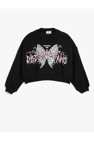 Koton Crop Sweatshirt Kelebek Baskılı Uzun Kollu Bisiklet Yaka Siyah 5wkg10198ak Siyah