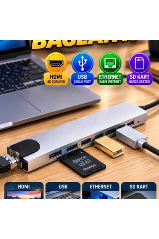 Type-c Çoklu Bağlantı Hub Hdmı, Usb, Ethernet Ve Sd Kart Destekli Adaptör