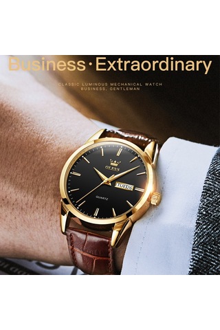 Olevs 6898 Erkekler Moda Su Geçirmez Çift Takvim Kuvars Saat Kahverengi Mavi