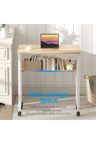 Sidney Kitaplık Raflı Katlanır Masa 70 Cm Tekerli Bilgisayar Masası Laptop Masası Beyaz - Çam Beyaz - Atlantik Çam
