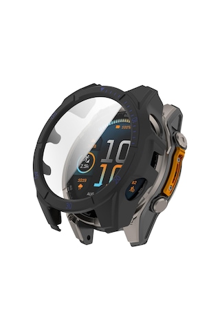 Garmin Tactix 8 İçin Amoled 51mm Temperli Film Entegre Pc İzle Koruyucu Kılıf Siyah Mavi