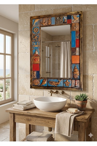 El Yapımı Deniz Temalı Dekoratif Ayna Seramik Çerçeveli, Rustik & Bohem Duvar Aynası Banyo, Antre, Salon 74x51cm Ahşap