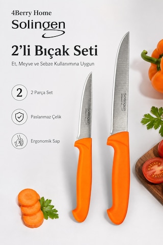 Solingen 2 Li Paslanmaz Çelik Mutfak Bıçağı Seti Et, Meyve Ve Sebze Bıçağı Turuncu