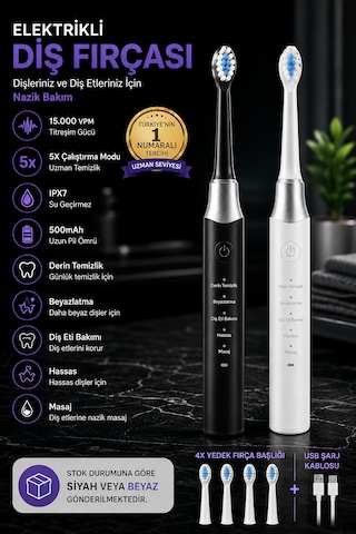 Ahm Elektrikli Diş Fırçası 15000 Vpm 5 Modlu Ipx7 Su Geçirmez Şarjlı Sonic Diş Fırçası 500mah 4 Yedek Başlıklı