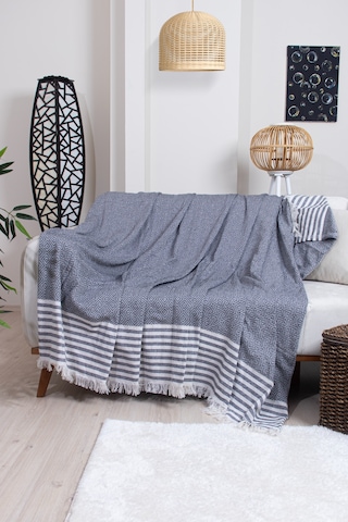 Pamuklu Püsküllü Elmas Desenli Koltuk Örtüsü 170x210 Cm Dekoratif Kanepe, Yatak Ve Tv Örtüsü Siyah