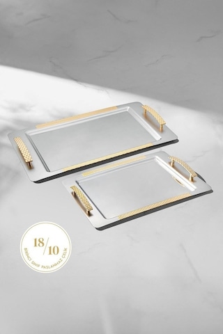 Nehir Sırma Sade Altın 2 Li Paslanmaz Çelik Tepsi Çay Kahve Tepsisi - Servis Tepsisi Gümüş