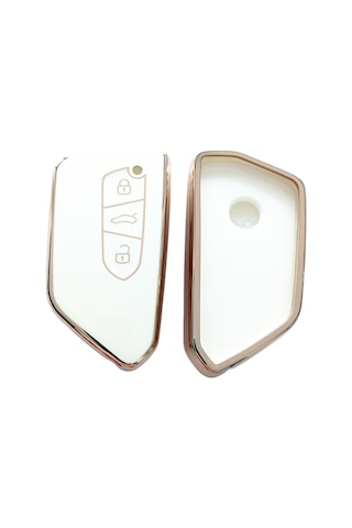 Volkswagen Golf 8 Seat Cupra Skoda Octavia Uyumlu Kumanda Anahtar Kılıfı Oto Anahtarlık Beyaz Gold