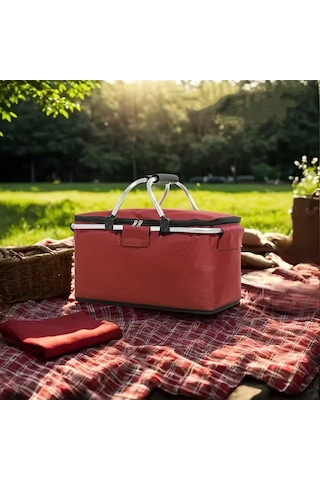 Alüminyum Çerçeveli Yalıtımlı Piknik Çantası Saklama Sepeti Kırmızı