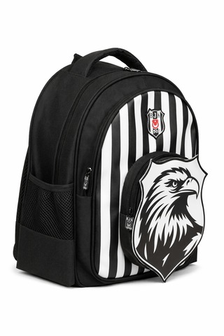 Beşiktaş Lisanslı Çubuklu Okul Çantası - 3 Bölmeli 3d Kartal Baskılı Siyah Beyaz Sırt Çantası Siyah - Beyaz