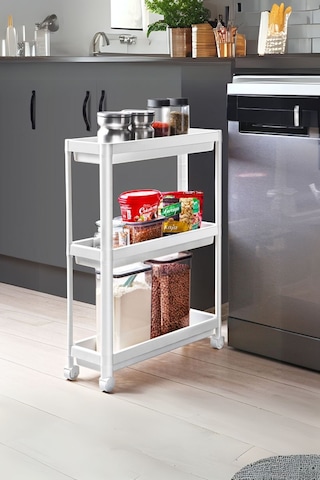 3 Katlı Tekerlekli Beyaz Mutfak Rafı, Kitaplık, Düzenleyici Açık Beyaz
