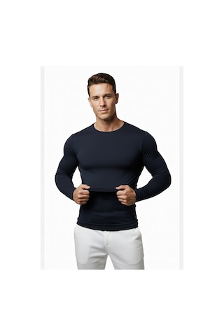 Deepsea Erkek Lacivert Uzun Kollu Dar Kalıp Ince Sıfır Yaka Sweatshirt 2300423 False Lacivert