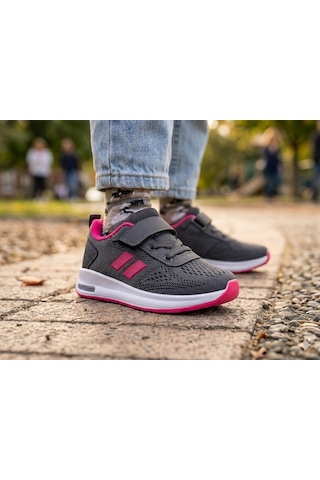 Çocuk Günlük Yumuşak Rahat Taban Triko Cırt Bantlı Spor Ayakkabı Sneaker Füme Fuşya
