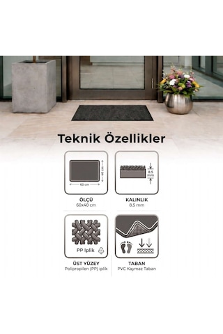 Aquila Kaymaz Kapı Önü Paspası 60x40 Cm Pvc Tabanlı, Kir Ve Nem Tutucu, Antrasit