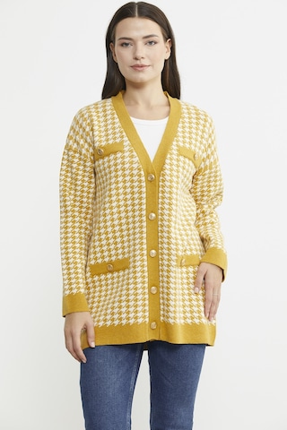 Kazayağı Motif Oversize Triko Ceket - Güneş 001